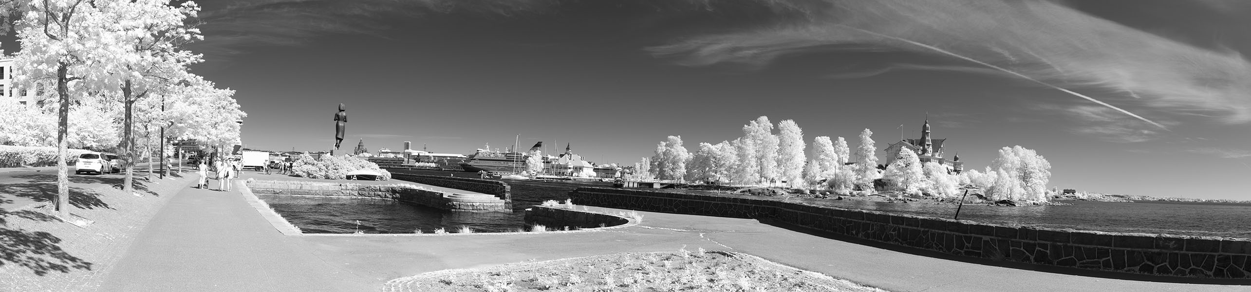 Infrared Panorama of Nordic Waterfront with Statue and New and Old Buildings